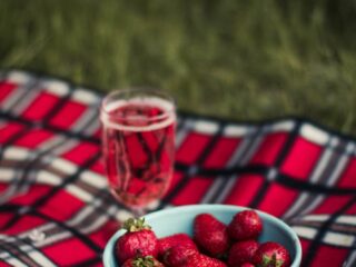 strawberry on white ceramic round bowl on pink white and brown plaid textile