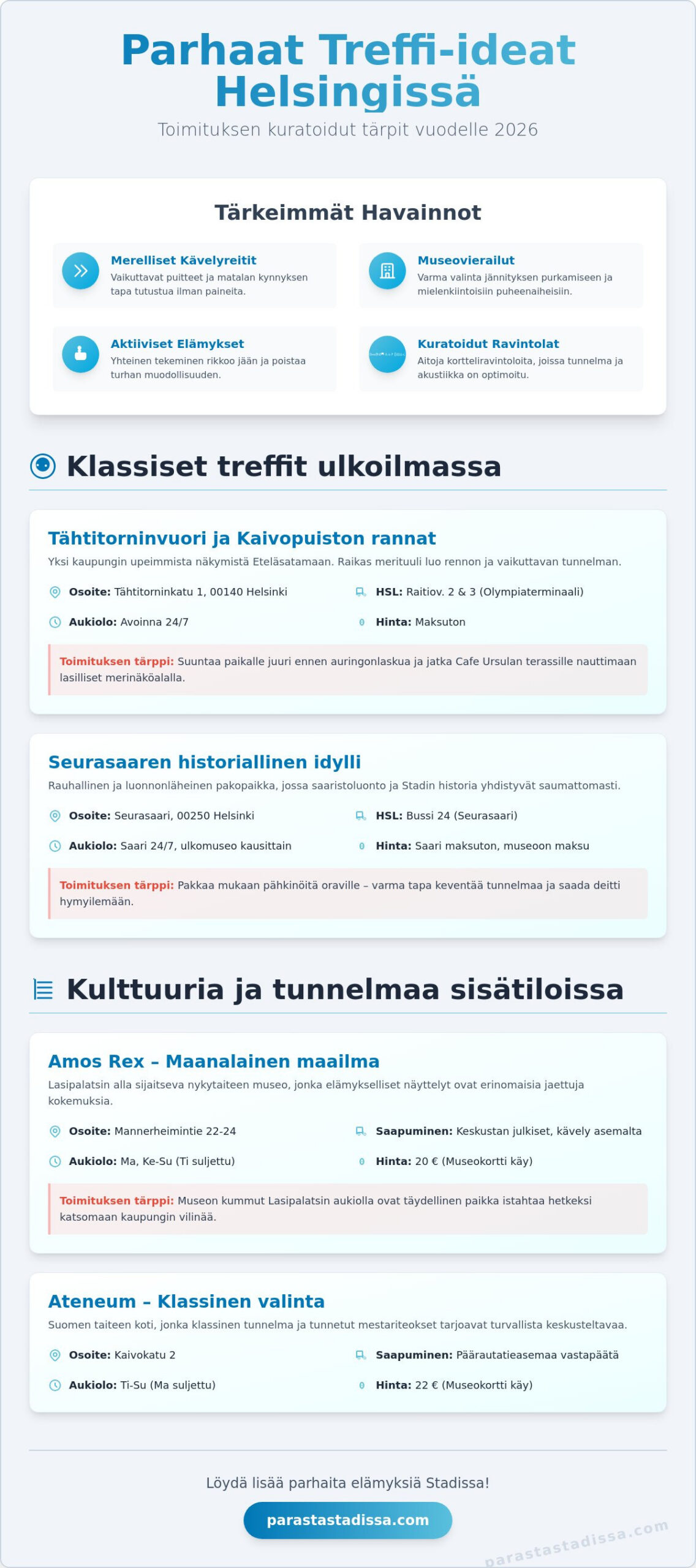 Treffi-ideat Helsinki 2026: Stadin parhaat tärpit onnistuneille deiteille