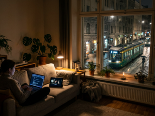 Person sitting on sofa using laptop with tablet nearby and tram passing outside window at night
