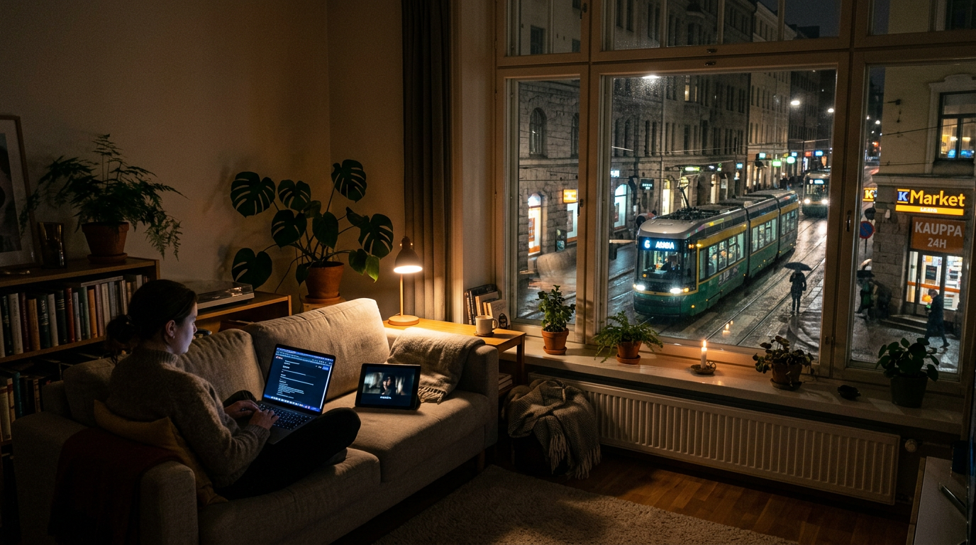 Person sitting on sofa using laptop with tablet nearby and tram passing outside window at night