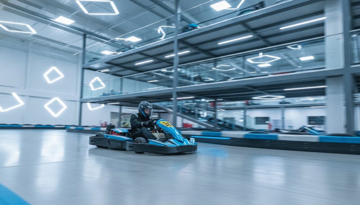 Kuljettaja ajaa sinisellä kartingautolla sisäradalla valoisassa, monikerroksisessa kartinghallissa