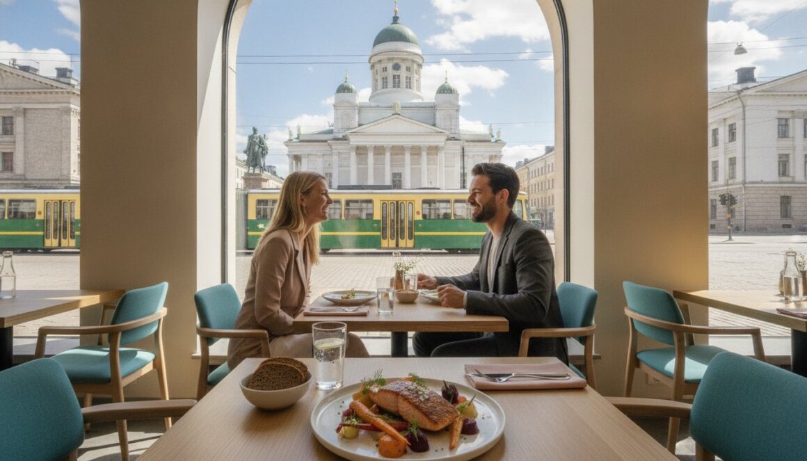 Pariskunta lounastaa ravintolassa, ikkunasta näkyy Helsingin tuomiokirkko ja vihreä raitiovaunu