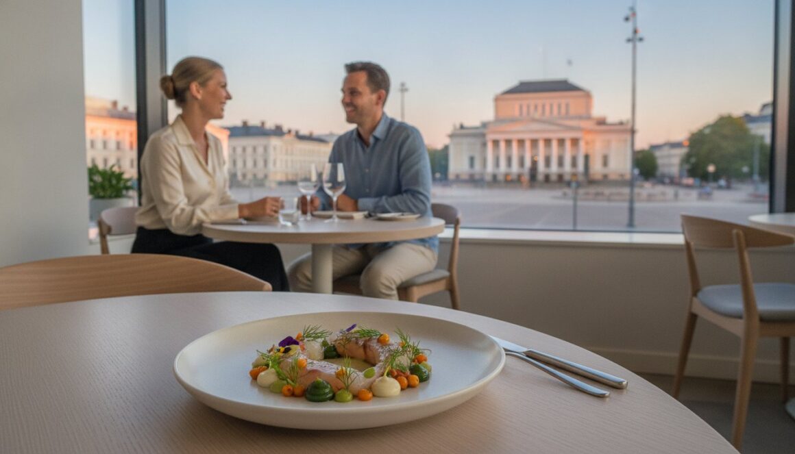 Hienostunut kala-annos ravintolan pöydällä, taustalla ikkunan äärellä ruokaileva pariskunta ja klassistinen rakennus