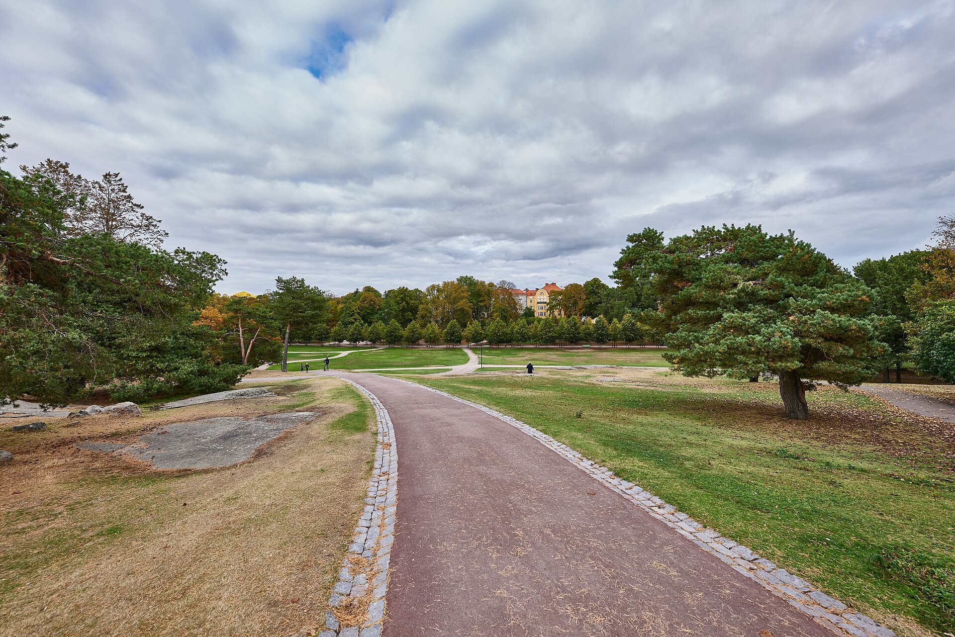 Kaivopuisto syksyisenä päivänä, käytävä puiden ja nurmikon keskellä Helsingissä