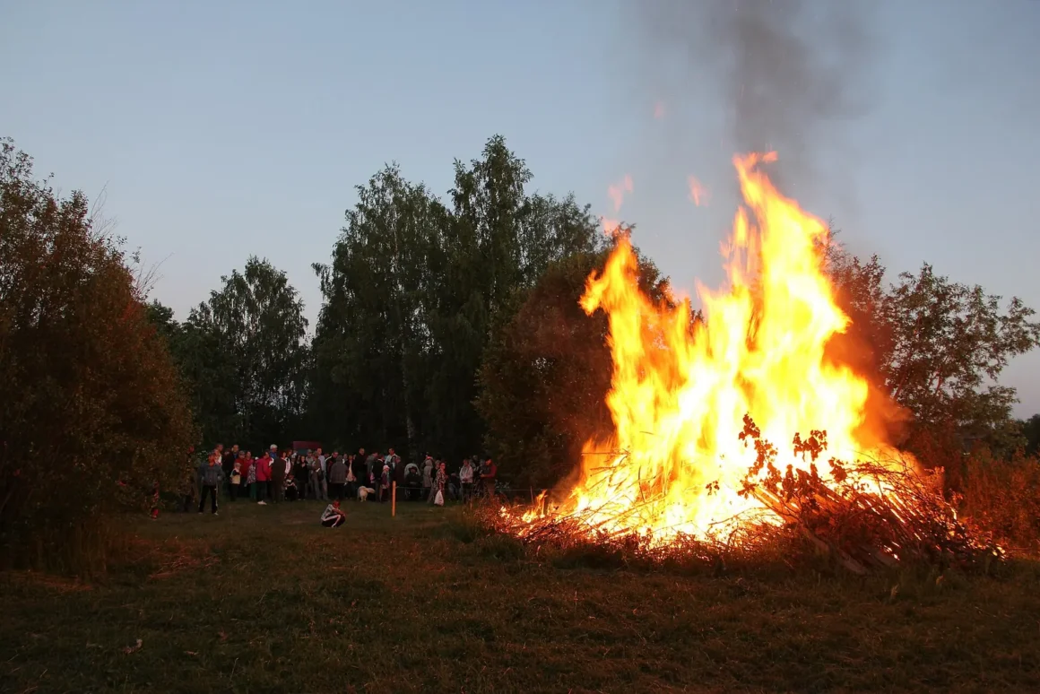 Suuri juhannuskokko roihuaa hämärtyvässä illassa, yleisö katselee koivujen edessä